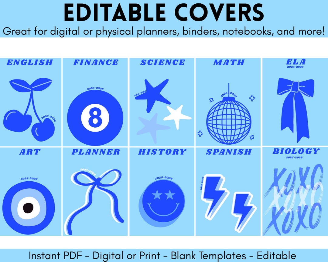 Blue Preppy Binder Covers |editable Canva Templates|goodnotes and ...