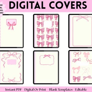 Puede incluir: Cubiertas digitales con diseños de lazos rosas y plantillas en blanco. La imagen incluye el texto "DIGITAL COVERS" y "GREAT FOR PLANNERS, NOTEBOOKS, OR BINDERS!". La parte inferior de la imagen dice "Instant PDF - Digital Or Print - Blank Templates - Editable".