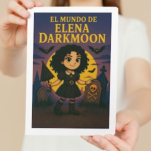 May include: A book cover with the title "EL MUNDO DE ELENA DARKMOON" features a cartoon girl in a black dress, holding an umbrella, standing in a graveyard with bats and a full moon in the background. The book cover is held by a person.