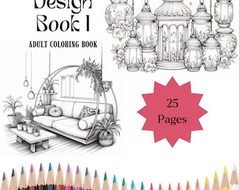 Boho Interior Decor Design Book 1 Adult Coloring Book 25 Pages PDF Instant Download Relaxation Coloring Pages