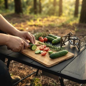 May include: A rectangular bamboo cutting board sits on a black folding table. A silver knife slices a green cucumber. Nearby are whole cucumbers, halved cherry tomatoes, and sprigs of rosemary. A small metal camping stove stands on the table.