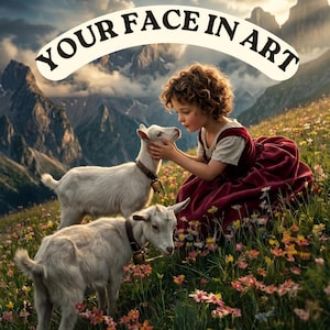 May include: A digital art piece featuring a young person in a burgundy dress petting a white goat with a bell collar. Two goats are in a field of wildflowers, with mountains in the background. The text "YOUR FACE IN ART" arches above the scene.