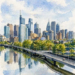 Philadelphia Skyline Watercolor Print, Philly Art Printable, River Reflection Painting, Modern Urban Decor Digital Download