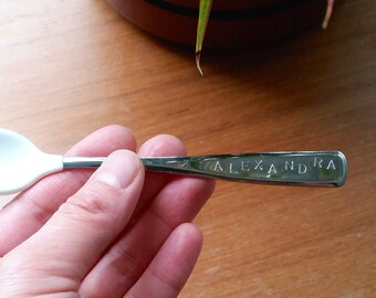 Hand Stamped Name Baby Spoon - Stainless Steel / Made in USA Steel Personalized Baby Shower Gift, Quality Toddler Feeding Spoon