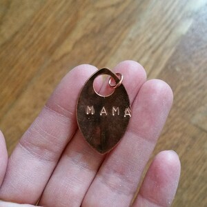 Hand Stamped Mama or Papa Pendant Talisman Copper or Brass / Rustic Mothers Day New Parent Gift, Motherhood Mom Dad Child Initials Jewelry image 1