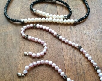 Destash Pearls - 1 Bracelet and 2 Necklace Set / Natural Pink Pearls Cream White Pearls for Jewelry Making, DIY Jewelry Supplies Findings