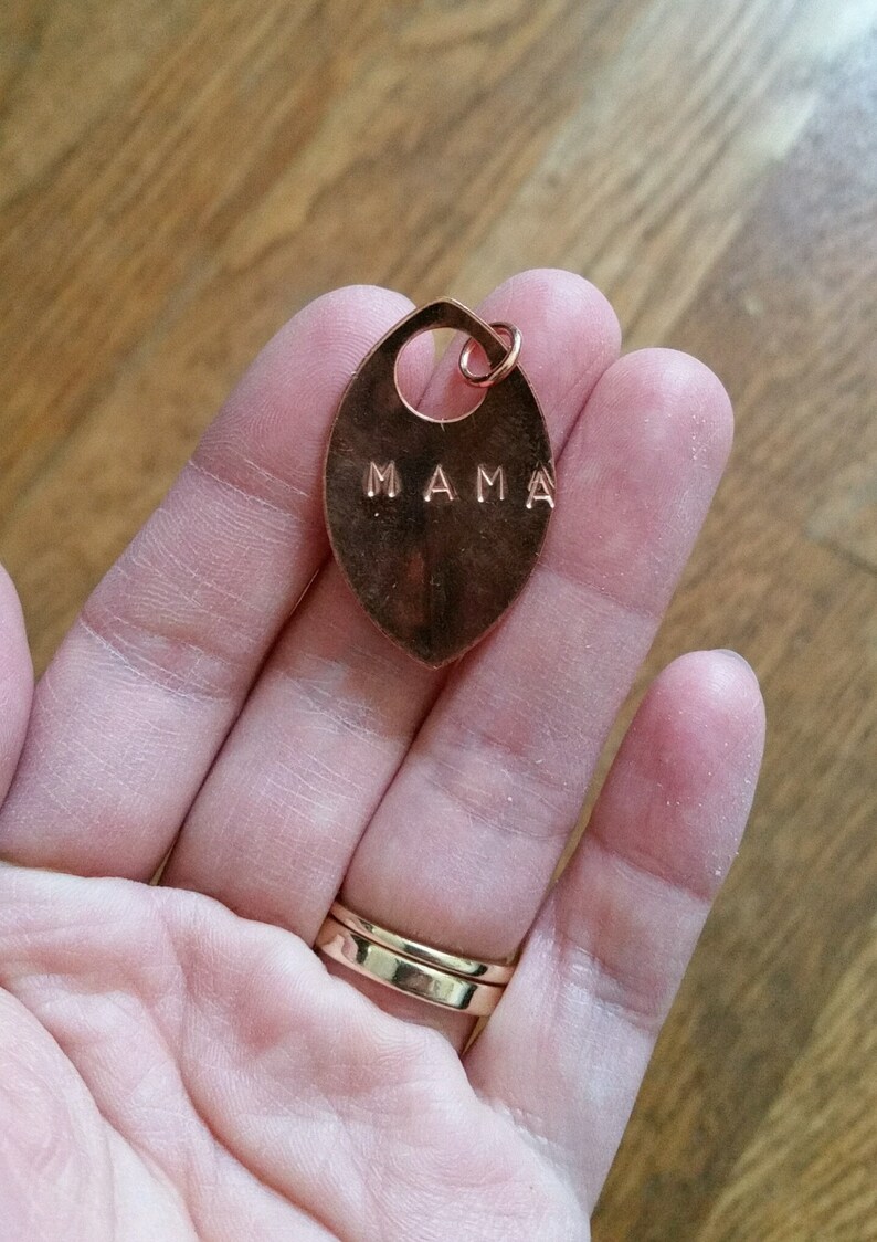 Hand Stamped Mama or Papa Pendant Talisman Copper or Brass / Rustic Mothers Day New Parent Gift, Motherhood Mom Dad Child Initials Jewelry image 1