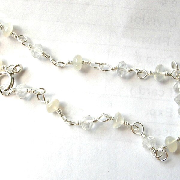 Dainty Moonstone & Clear Quartz Bracelet - Sterling Silver / Cream, Clear, Chatoyant, Romantic Classic Jewelry, Winter Wedding