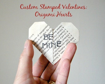 Small Stamped Valentines Book Page Hearts - Set of 14 / Fun Folded Paper Hearts, Deco Fun Sweetheart Gift, Proposal Vintage Bookish Weddings