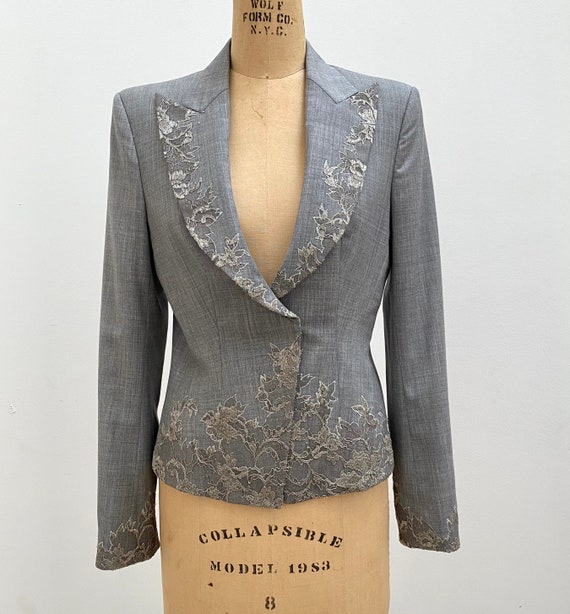 Richard Tyler Couture Lace Applique Peak Lapel Jac