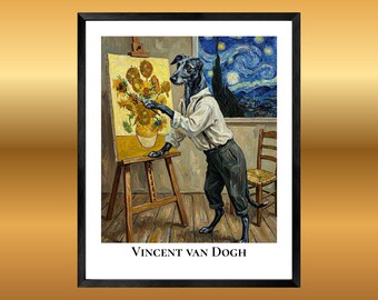 van gogh inspired dog wall art, funny dog portrait parody print, gallery style framed artwork, artistic home decor, gift for art lovers,