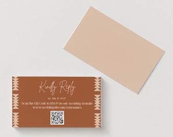 Boho Western Rustikale Hochzeit Antwortkarte Vorlage | Azteken-Terrakotta-QR-Code antwortet nicht auf | Bearbeitbare Canva Vorlage | Digitales Hochzeits-Briefpapier Set