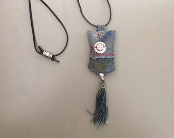 Handstitched Amulet Pendant: Fiber Art Necklace with Lavender