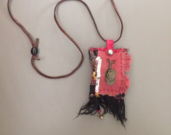 fiber art necklace - gipsy charm necklace - pouch necklace - handmade red amulet pendant with fringes - ethnic necklace - lavender pendant