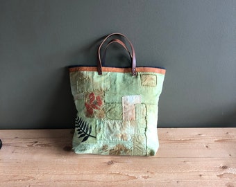 green tote bag - boho patchwork purse - hand dyed bag - forest fall leaves stamped tote - unique handmade bag