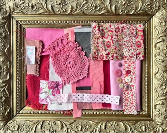 Pink Fabric Scrap Bundle: Vintage Trim, Buttons, Linen for Slow Stitching
