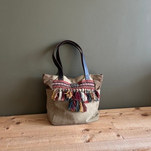 Handmade Boho Canvas Tote Bag: Vintage Turkmen Tassels & Leather Straps