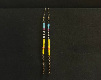 seed bead earrings, small tribal glass beads earrings, long beaded earrings, recycled jewelry