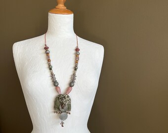 Tribal Pouch Necklace: Handmade Linen, Elephant Charm, Upcycled Beads