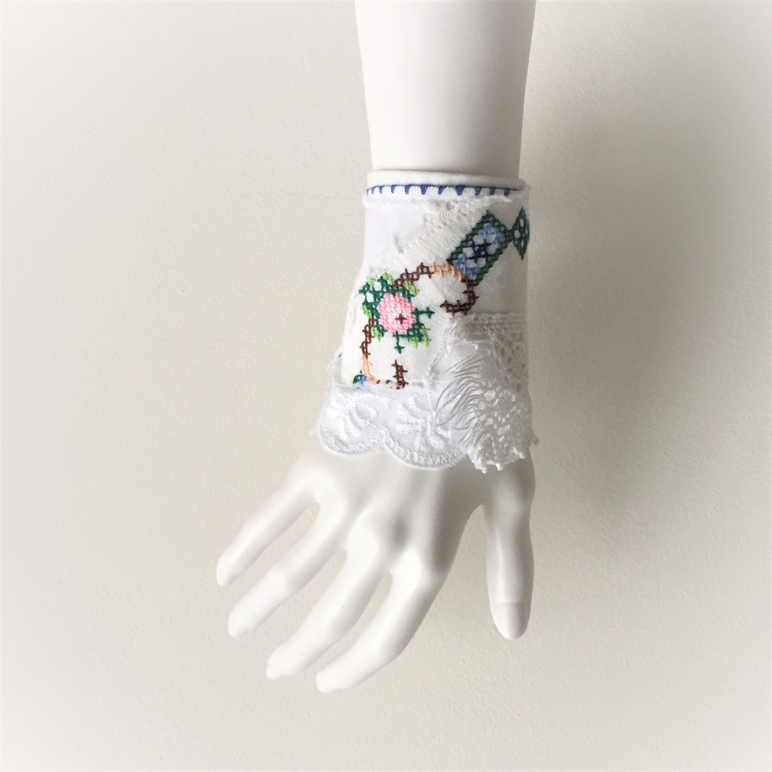 white lace fabric wrist cuff floral crosstitch bracelet Etsy