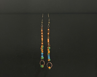 seed bead earrings, small boho glass beads earrings, long beaded earrings, recycled jewelry