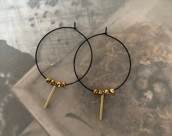 black hoop earrings - large gold minimalist earrings - recycled jewelry - bar bead earrings - gift for her