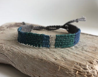 blue loom bracelet - handwoven bracelet - blue silver bracelet - cotton linen bracelet - gift for her - lightweight bracelet