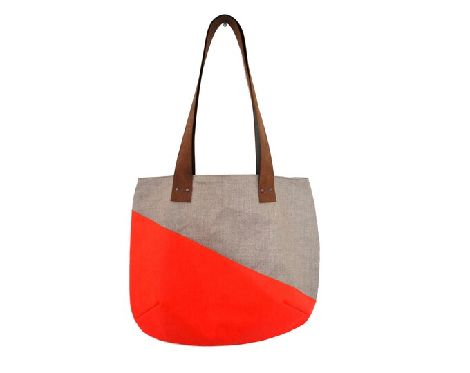 Neon Orange Bag With Brown Leather Straps Geometrical Lines Etsy