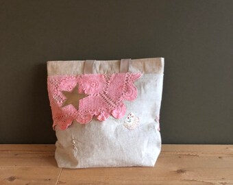 Handmade Grainsack Tote Bag: Vintage Pink Doillie Beach Shopper