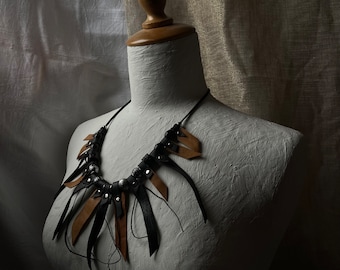 leather jewelry - leather necklace - tribal necklace - fashion statement - upcycled leather and beads necklace - gift for her