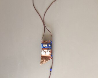 lavender pouch necklace - ethnic brown pendant - kuchi coins necklace - blue brown necklace - amulet necklace - textile necklace