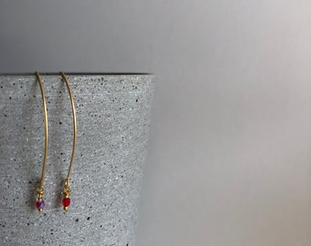 long oval gold plated hook earrings - delicate matte gold red dangling earrings - gold plated minimal earrings - unique gift for her