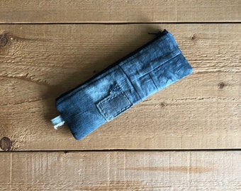 hand dyed pencil pouch - grey patchwork pouch - long zipper purse - vintage fabric pouch - gift for her - mothersday gift