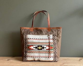 saddleblanket tote, south western bag, woven rug tote purse, boho canvas tote, brown shoulder bag, upcycled bag