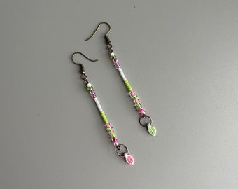 seed bead earrings, small glass beads earrings, long beaded earrings, recycled jewelry, pink green leaf earrings, gift for her