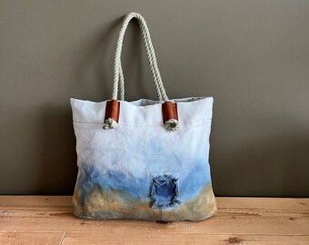 canvas shoulder bag - blue hand dyed bag - farmers market tote - rope handle bag - blue beach tote - large shouder bag