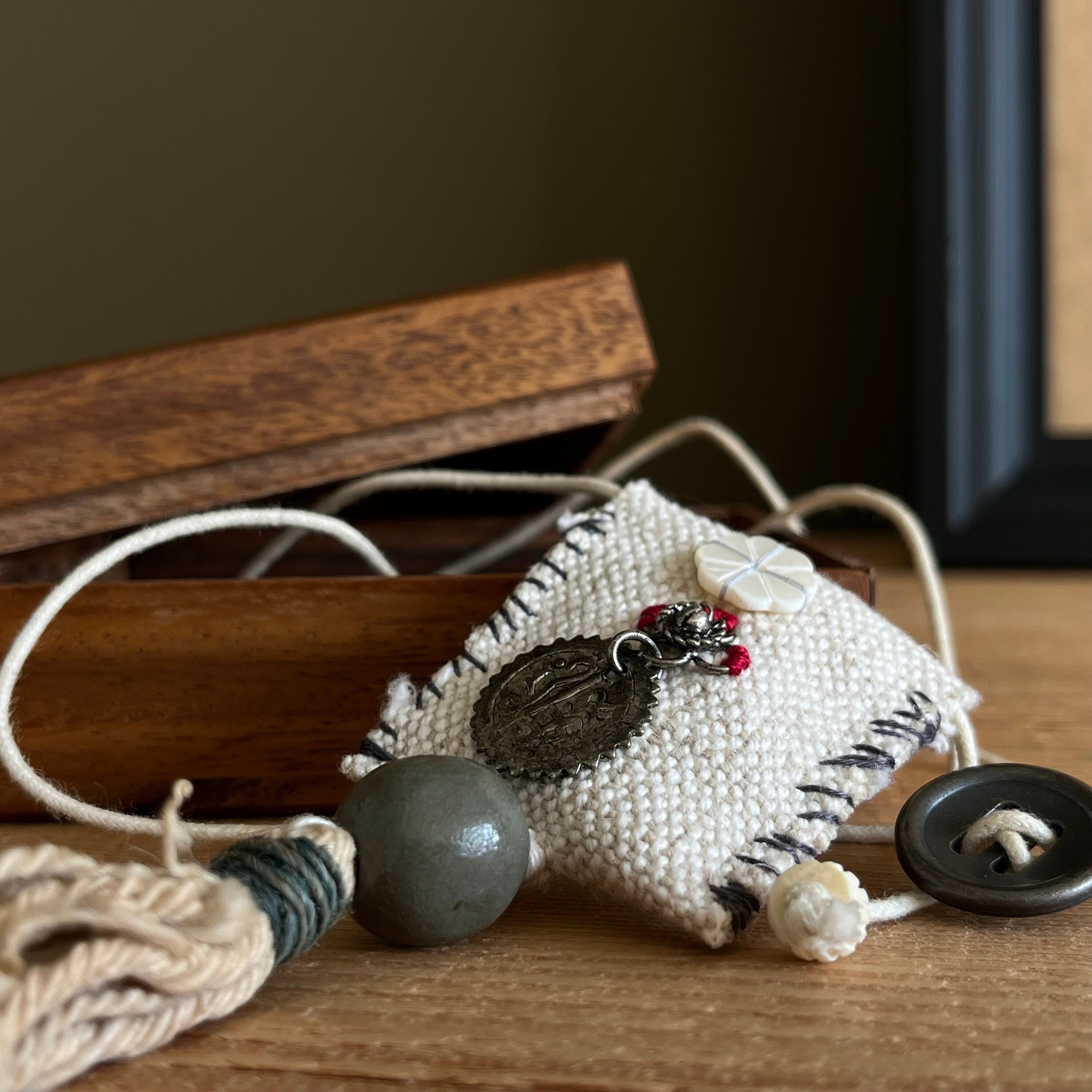 Boho Fiber Pendant Necklace: Handmade Textile Amulet with Lavender Pouch