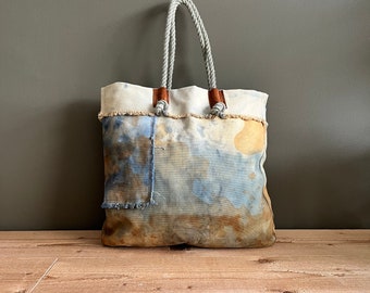 large canvas shoulder bag - farmers market tote - shoulder bag with rope handles - hand dyed blue market tote - blue beach bag