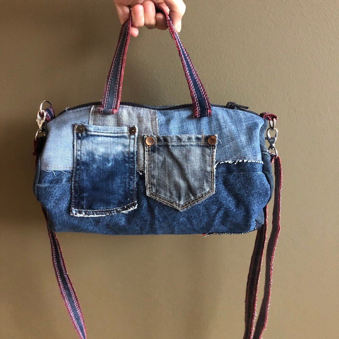 Duffle bag upcycled blue denim mini duffel bag small | Etsy