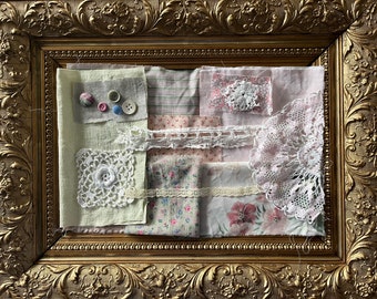 paquete de restos de tela - kit de costura lenta - adornos y botones de telas vintage y antiguas - tema rosa floral - paquete de puntada lenta