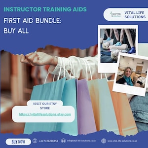Puede incluir: Anuncio de ayudas para la formación de instructores. La imagen presenta bolsas de la compra en tonos azules, morados y naranjas. El texto incluye "Instructor Training Aids", "First Aid Bundle" y un enlace a una tienda Etsy. También se ve el logotipo de Vital Life Solutions.