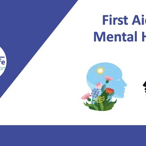 Puede incluir: Imagen con el texto "Primeros auxilios para la salud mental". Presenta dos siluetas de cabeza, una con un cielo soleado y flores, la otra con una nube de tormenta y lluvia. El logotipo de Vital Life Instruction está en la esquina.