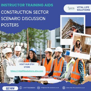 Puede incluir: Imagen promocional de ayudas de formación para el sector de la construcción. La imagen muestra a un grupo de personas con chalecos de seguridad y cascos, con el texto: "Instructor Training Aids, Construction Sector Scenario Discussion Posters." Incluye un enlace a la tienda Etsy.