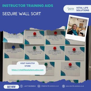 May include: A Seizure Wall Sort training aid with instructions. The white board has cards with instructions, secured by red, green, and blue push pins. The top of the board reads "Instructor Training Aids" and "Seizure Wall Sort". The Etsy store URL is visible.
