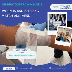 Puede incluir: Materiales de formación para instructores sobre heridas y hemorragias con una venda de gasa blanca envuelta alrededor de un brazo. El gráfico incluye el texto VITAL LIFE SOLUTIONS, WOUNDS AND BLEEDING: MATCH AND MEND y una URL de Etsy.
