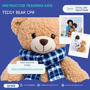 May include: A plush teddy bear with a blue and white checkered scarf. The image includes the text "INSTRUCTOR TRAINING AIDS TEDDY BEAR CPR" and "VITAL LIFE SOLUTIONS". There are also two smaller images of people with teddy bears. The Etsy store URL is visible.