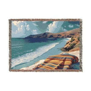 Woven Blanket, Greek Island Beach Scene Throw, Home Decor Gift, Coastal Living Room Decor, Housewarming Present, Bedroom Accent Blanket