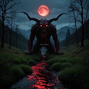 May include: A digital illustration of a demonic creature with large horns, red eyes, and a gaping mouth, kneeling in a forest. A red river flows from the creature towards the viewer under a red moon in a dark sky.