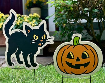 Retro Halloween Yard Stakes: Black Cat & Pumpkin - Mid-Century Style
