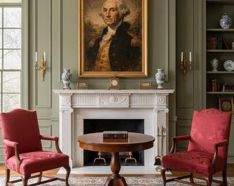 May include: An interior scene featuring a portrait of George Washington above a white fireplace. Two red upholstered chairs flank the fireplace, and a round wooden table sits in front. The room has a classic, elegant aesthetic.